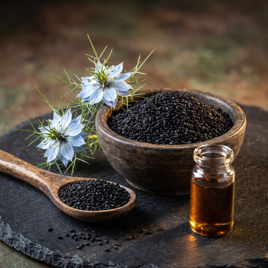 Graines de nigelle (Nigella sativa) et huile de nigelle